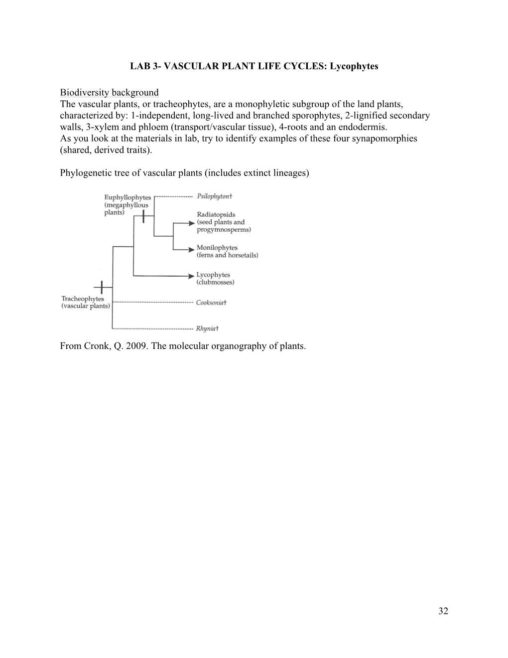 Lycophytes Biodiversity Background the Vascular Plants, Or Tracheophytes, Are a Monophyle