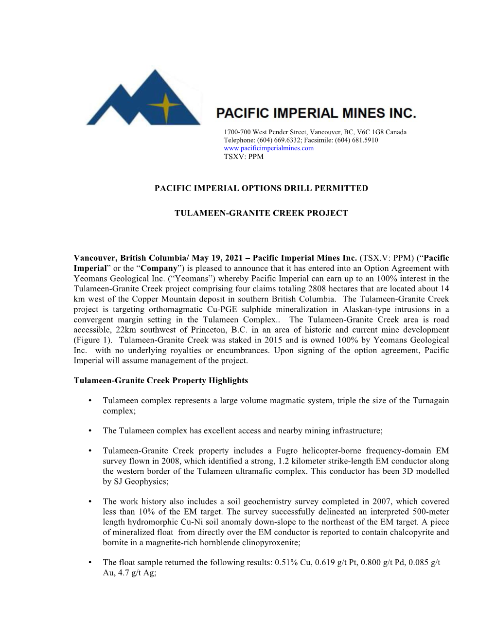 Pacific Imperial Options Drill Permitted Tulameen-Granite Creek Project