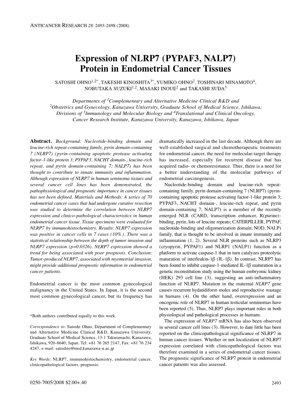 Expression of NLRP7 (PYPAF3, NALP7) Protein in Endometrial