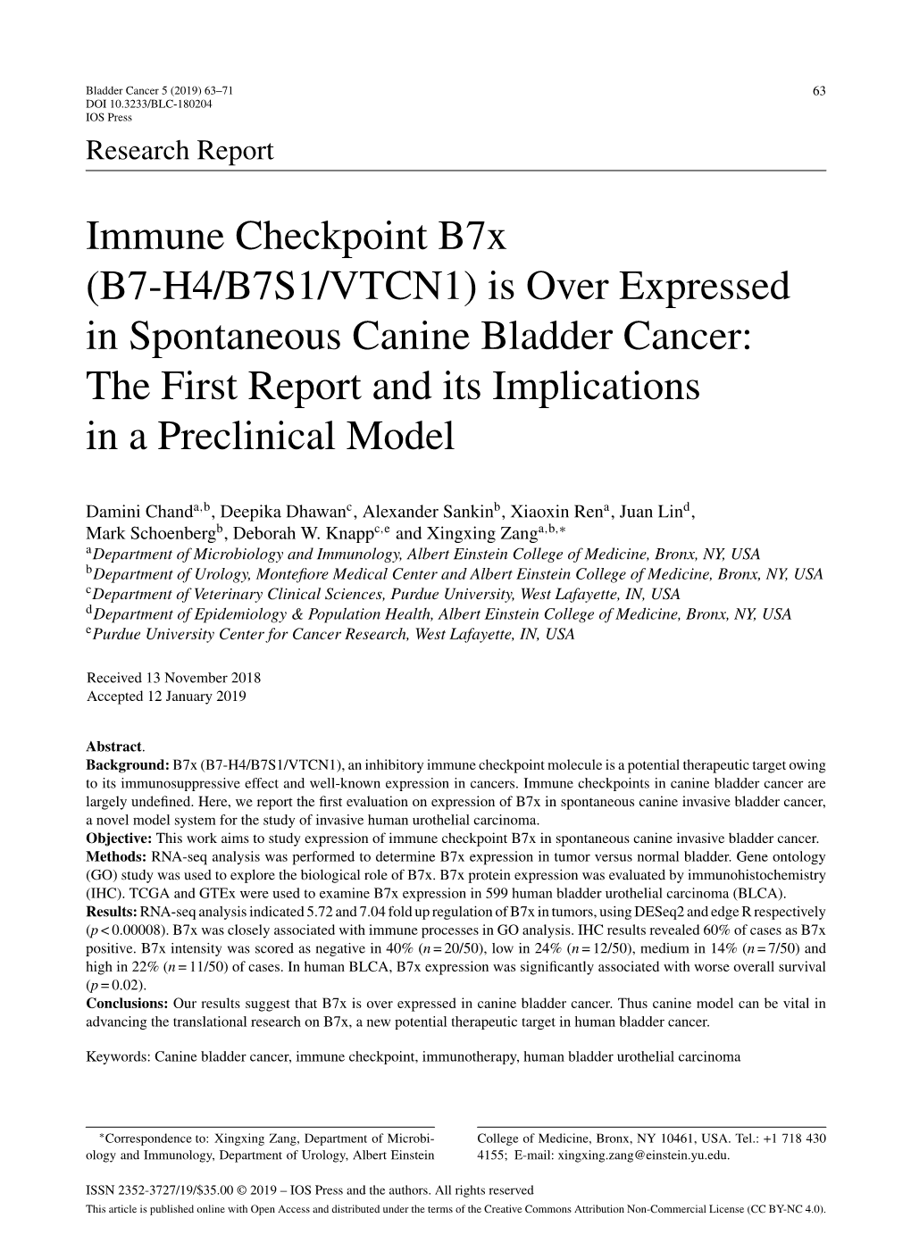 Immune Checkpoint B7x (B7-H4/B7S1/VTCN1) Is Over Expressed in Spontaneous Canine Bladder Cancer: the First Report and Its Implications in a Preclinical Model