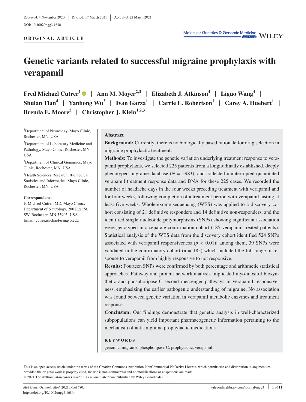 Genetic Variants Related to Successful Migraine Prophylaxis with Verapamil