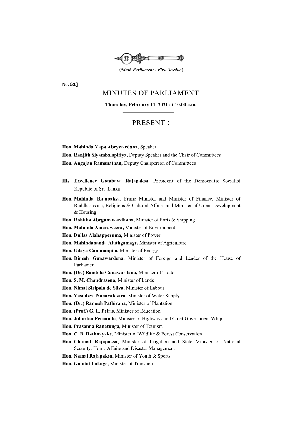 Minutes of Parliament Present