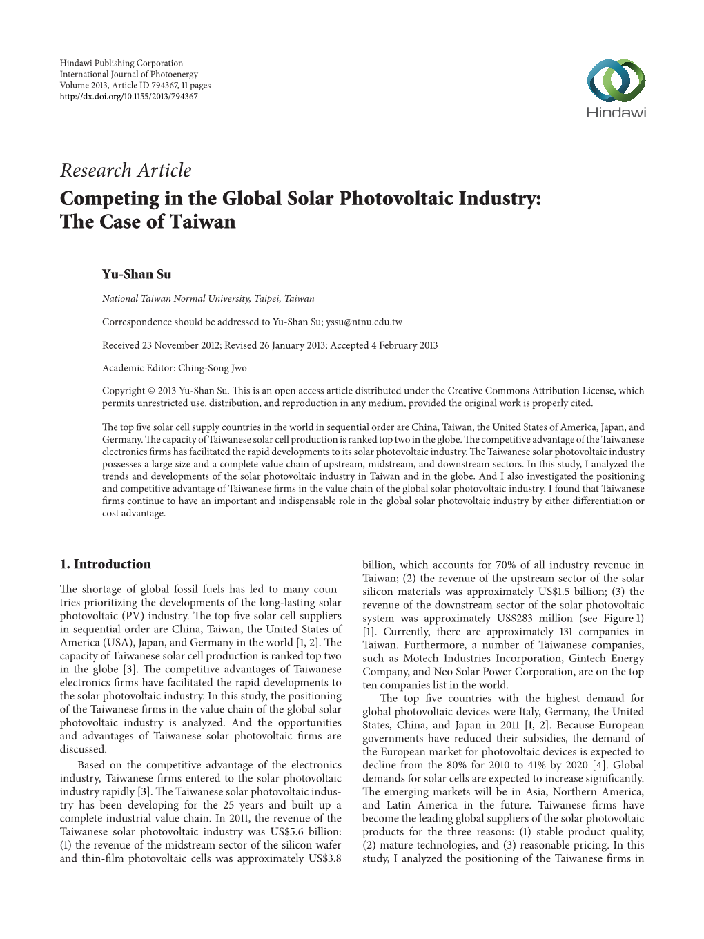 Competing in the Global Solar Photovoltaic Industry: the Case of Taiwan