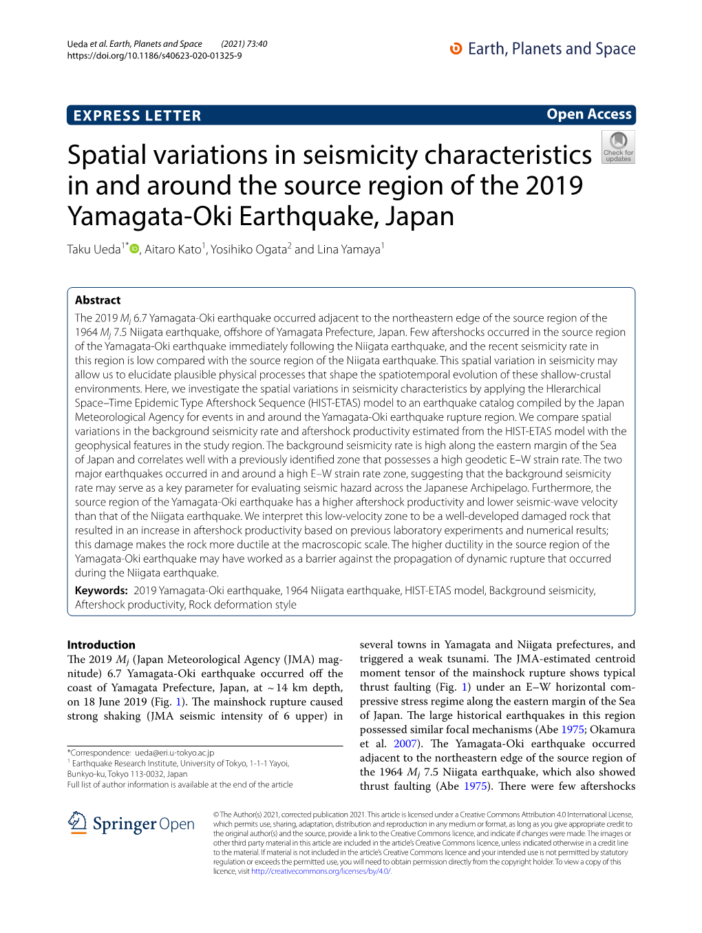 Spatial Variations in Seismicity Characteristics in and Around the Source Region of the 2019 Yamagata-Oki Earthquake, Japan