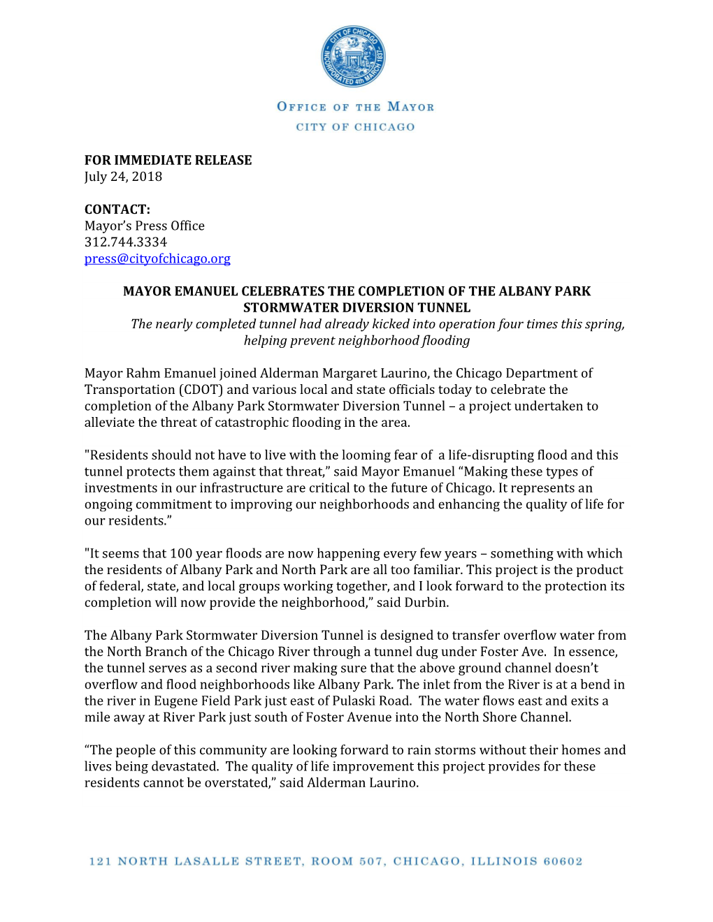 FOR IMMEDIATE RELEASE July 24, 2018 CONTACT: Mayor's Press