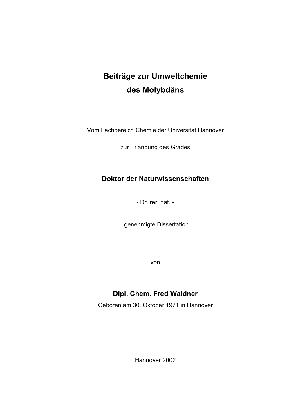 Beiträge Zur Umweltchemie Des Molybdäns