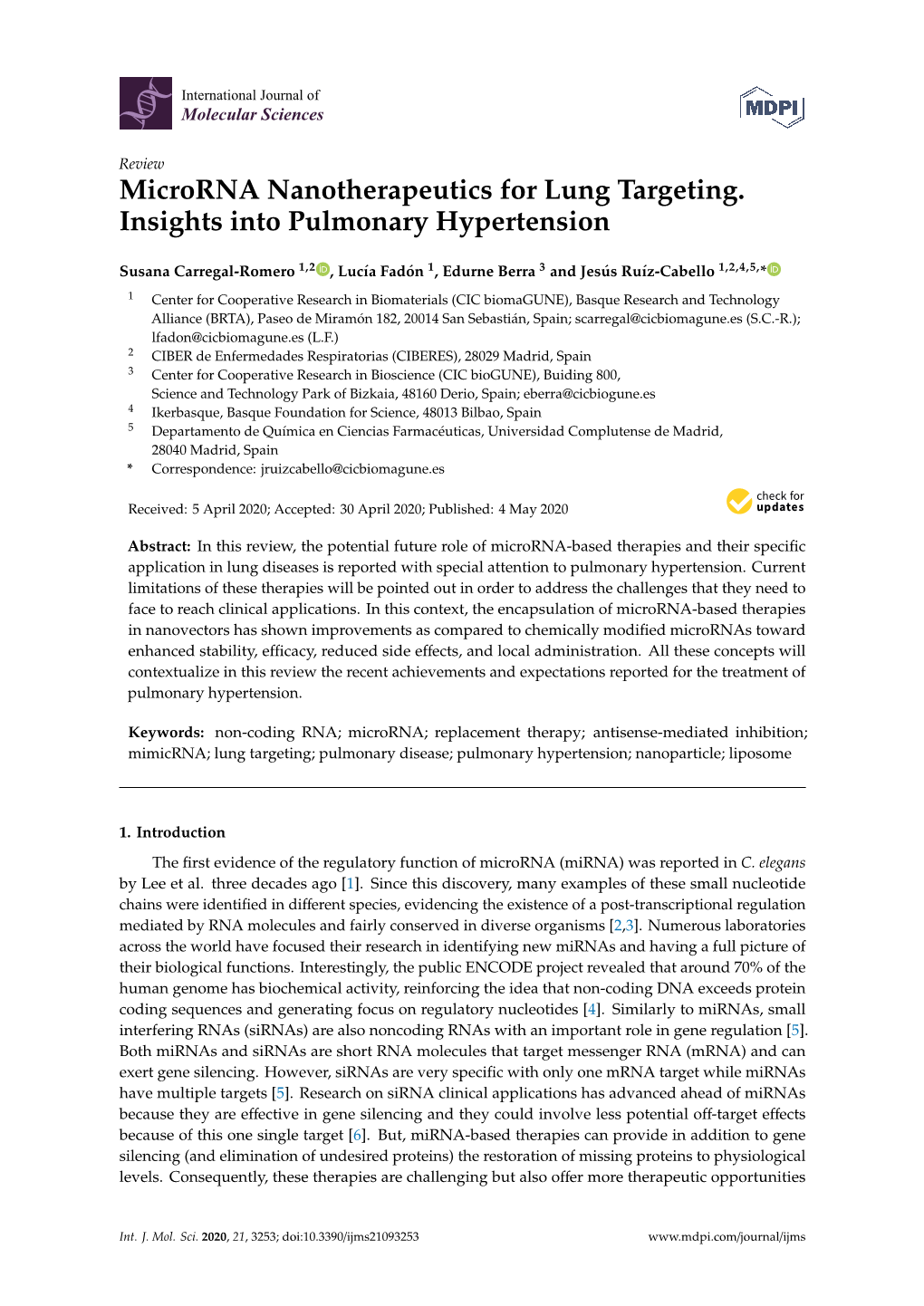 Microrna Nanotherapeutics for Lung Targeting. Insights Into Pulmonary Hypertension