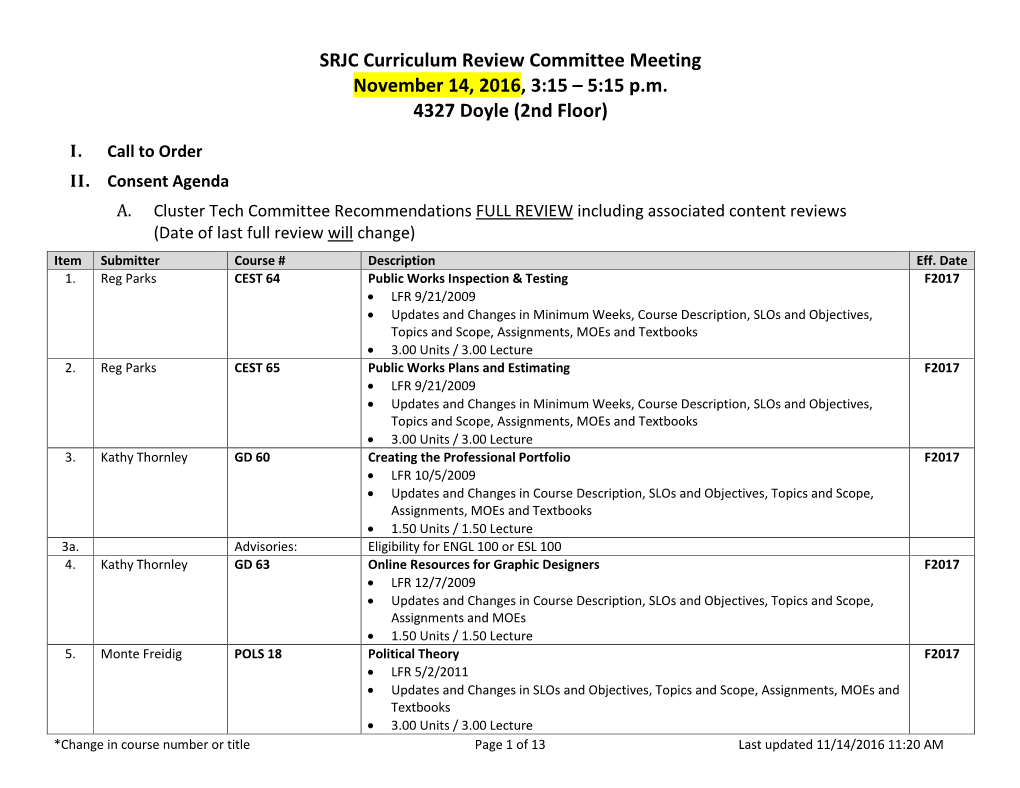 SRJC Curriculum Review Committee Meeting November 14, 2016, 3:15 – 5:15 P.M