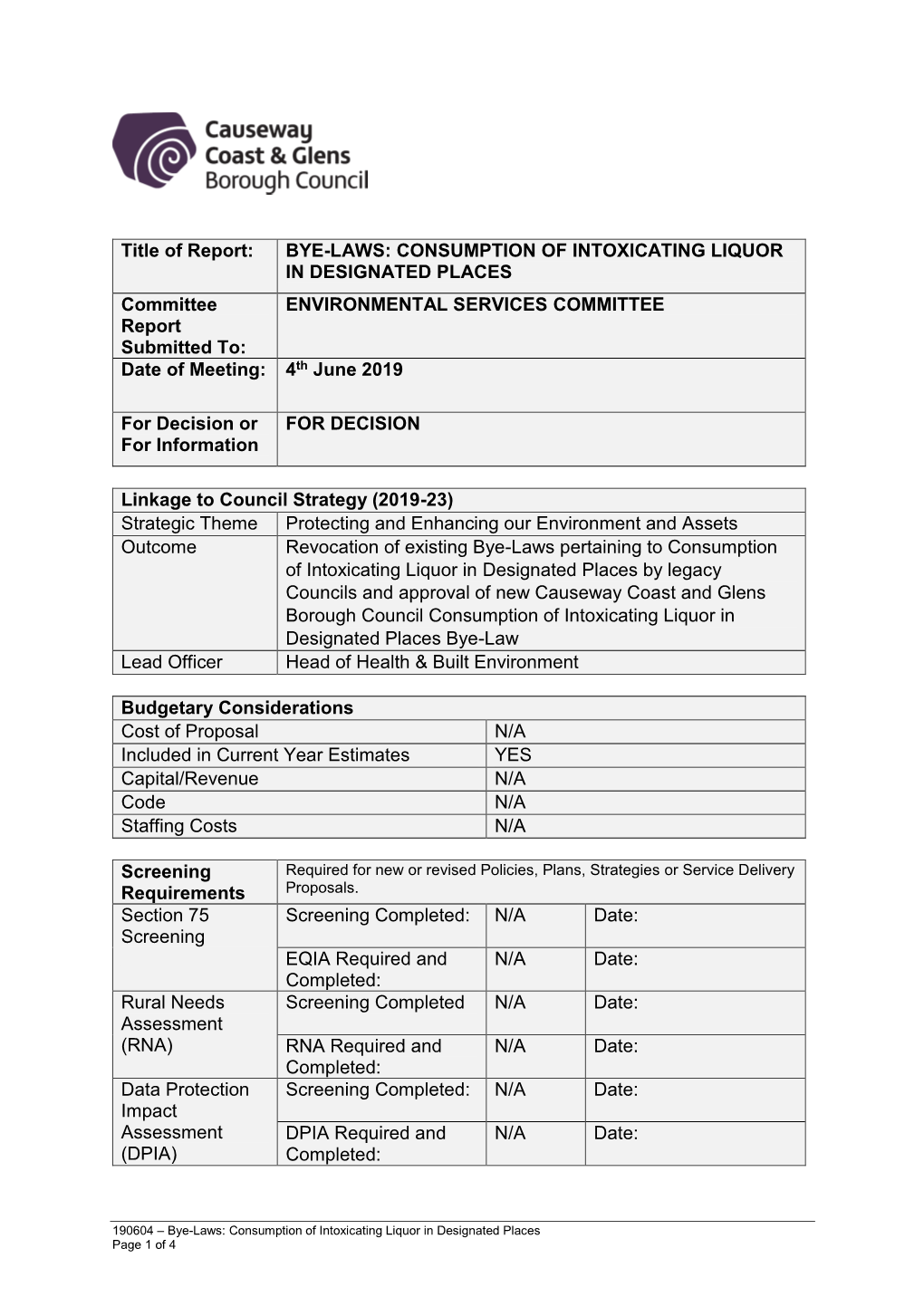 BYE-LAWS: CONSUMPTION of INTOXICATING LIQUOR in DESIGNATED PLACES Committee ENVIRONMENTAL SERVICES COMMITTEE Report Submitted To: Date of Meeting: 4Th June 2019