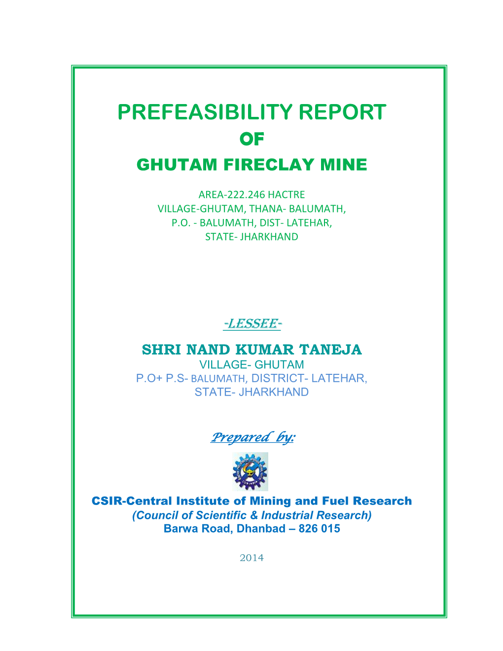 Prefeasibility Report of Ghutam Fireclay Mine