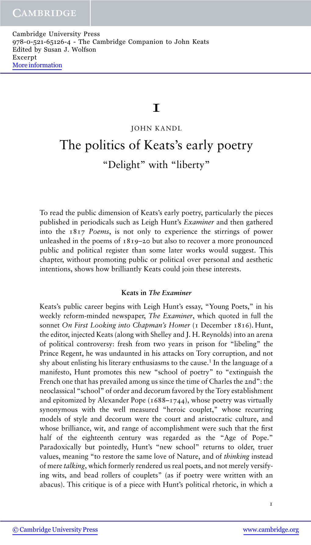 The Politics of Keats's Early Poetry