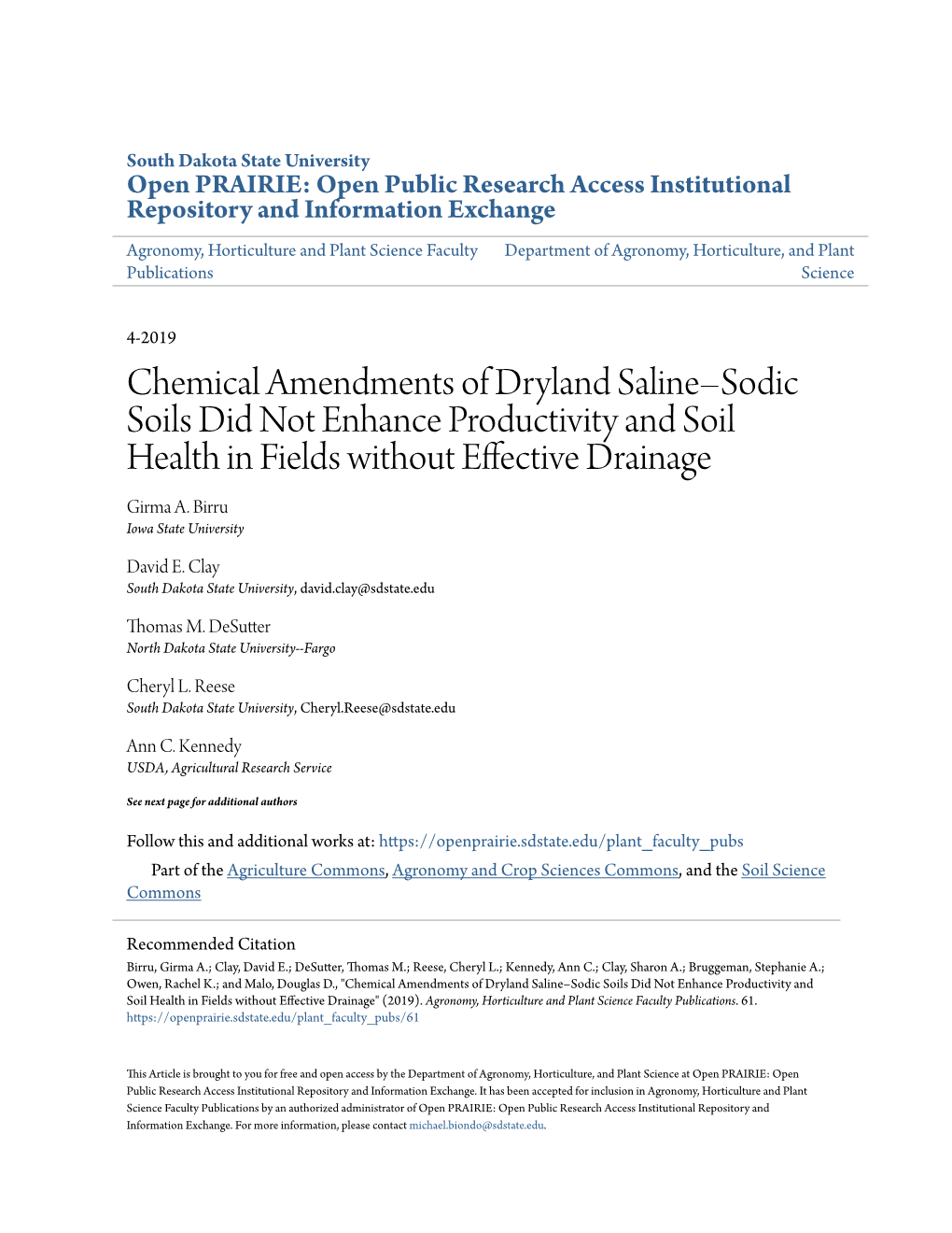 Chemical Amendments of Dryland Saline–Sodic Soils Did Not Enhance Productivity and Soil Health in Fields Without Effective Drainage Girma A