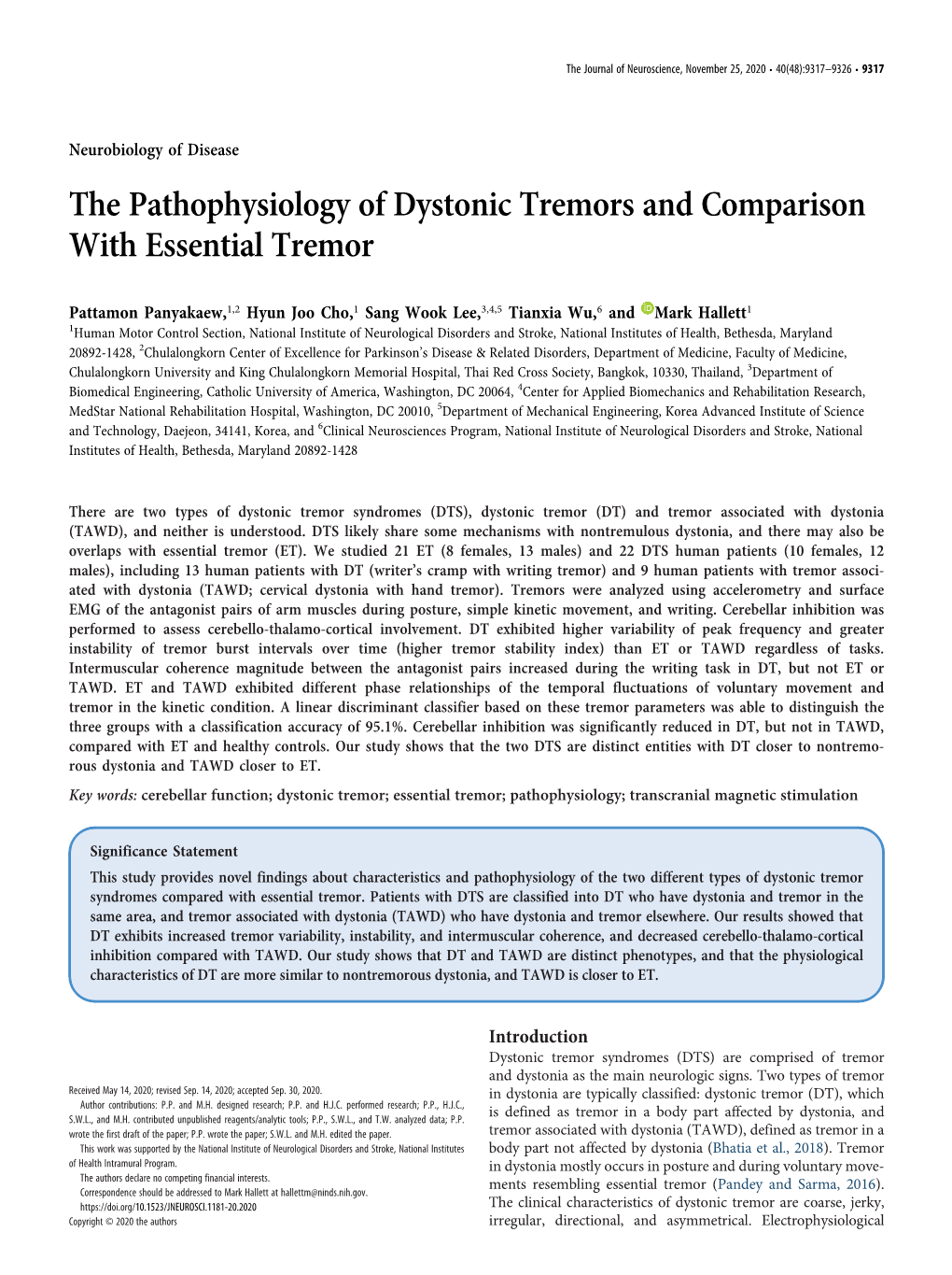 The Pathophysiology of Dystonic Tremors and Comparison with Essential Tremor