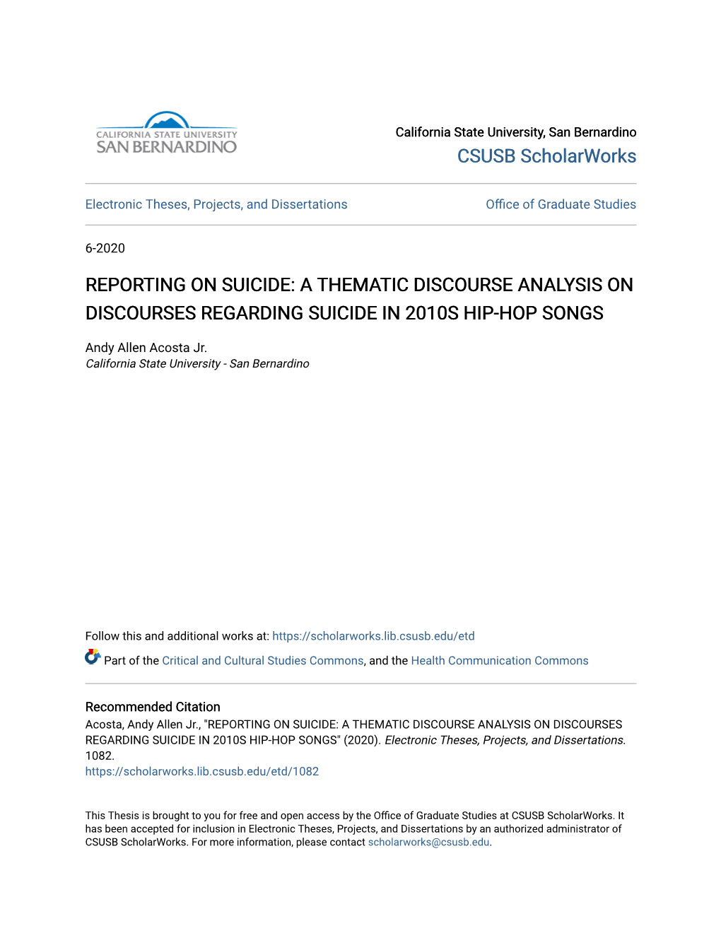 Reporting on Suicide: a Thematic Discourse Analysis on Discourses Regarding Suicide in 2010S Hip-Hop Songs