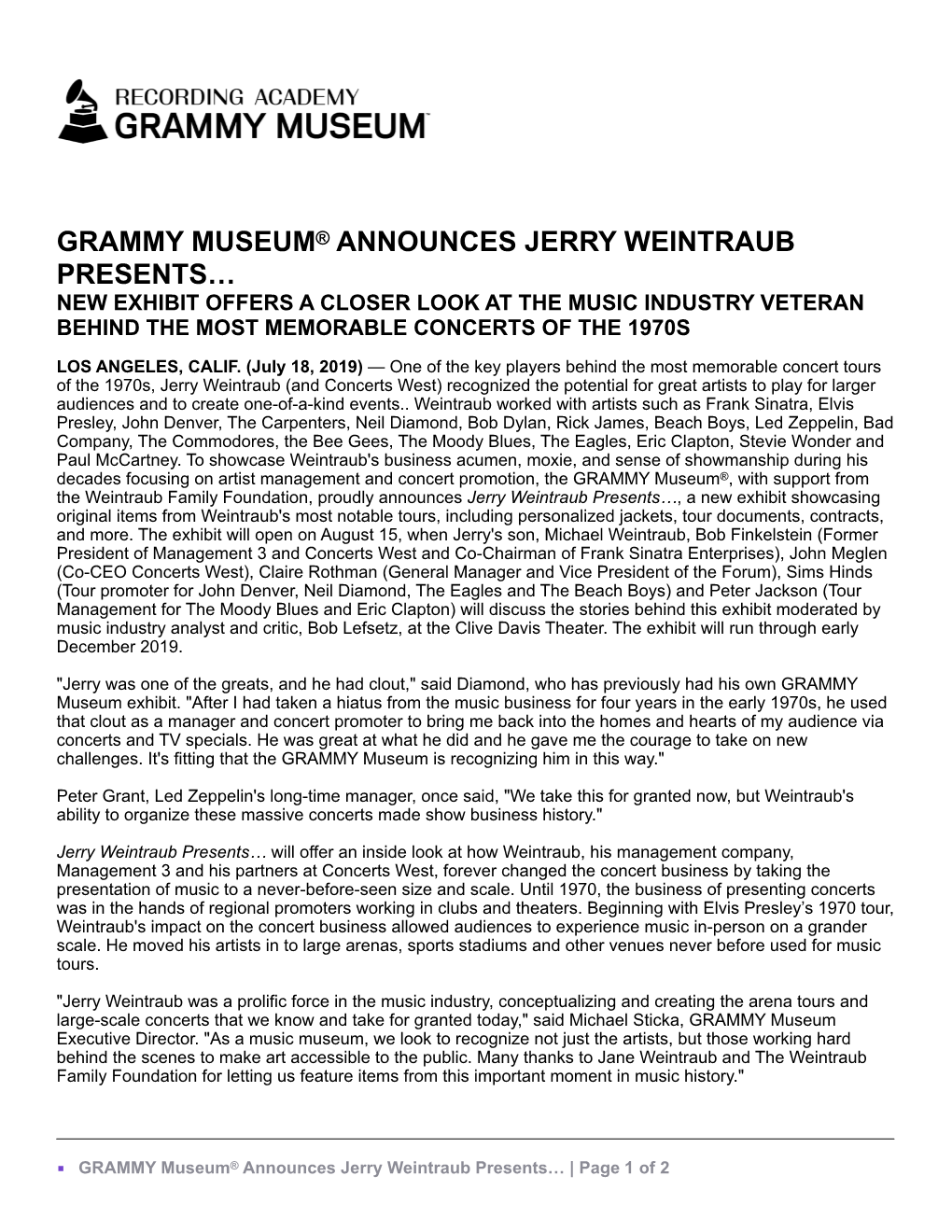 GRAMMY Museum Weintraub Exhibit PR Final