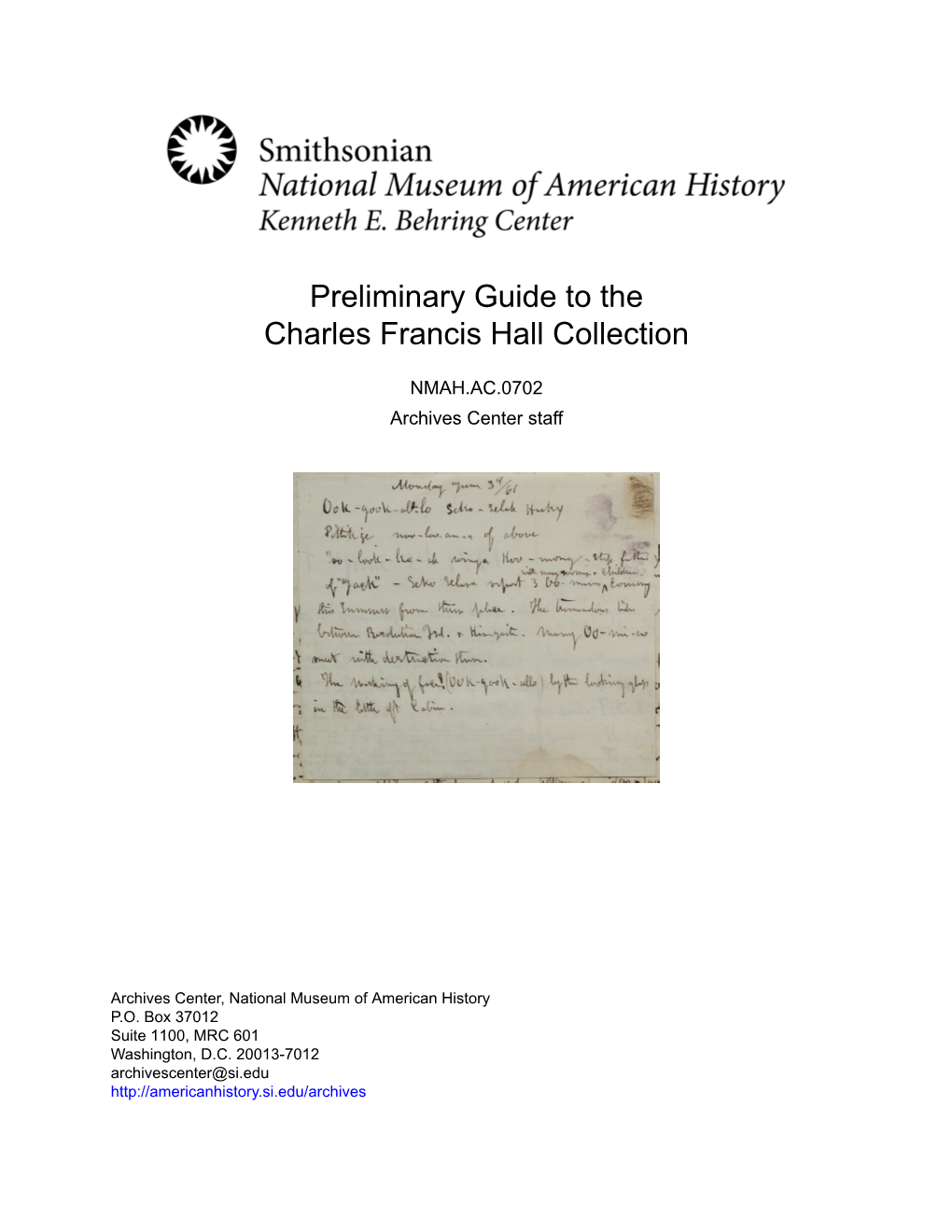 Preliminary Guide to the Charles Francis Hall Collection