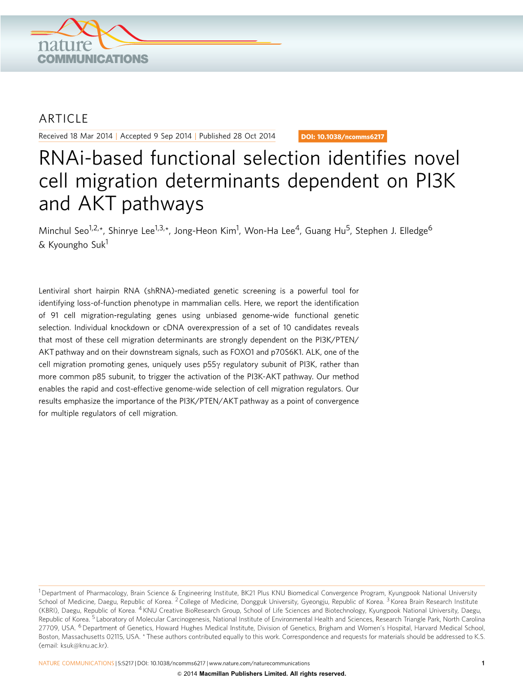 Rnai-Based Functional Selection Identifies Novel Cell Migration Determinants Dependent on PI3K and AKT Pathways