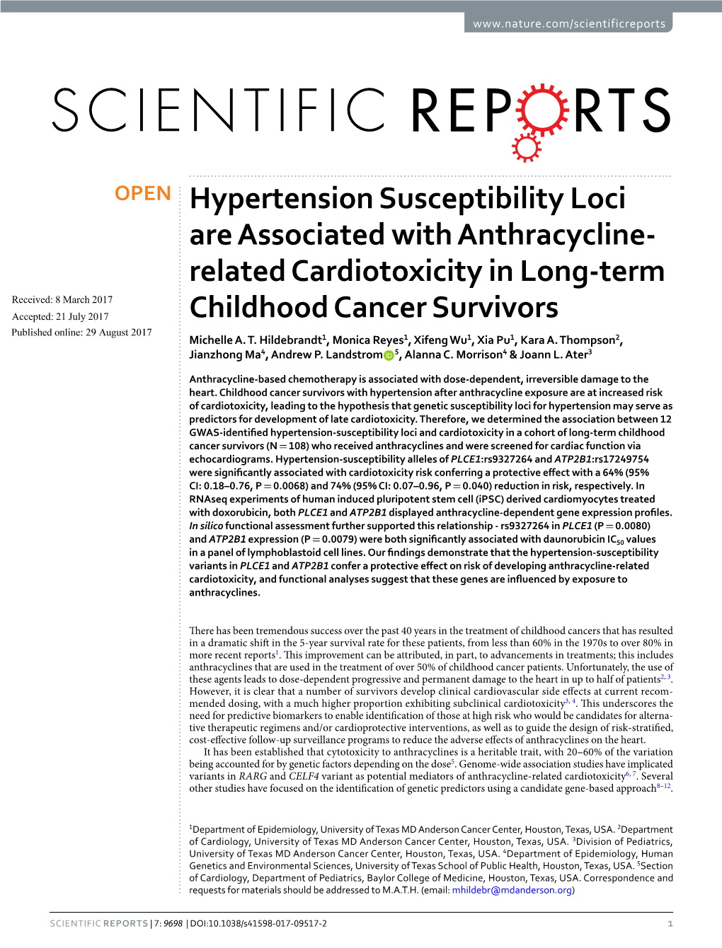 Hypertension Susceptibility Loci Are Associated with Anthracycline