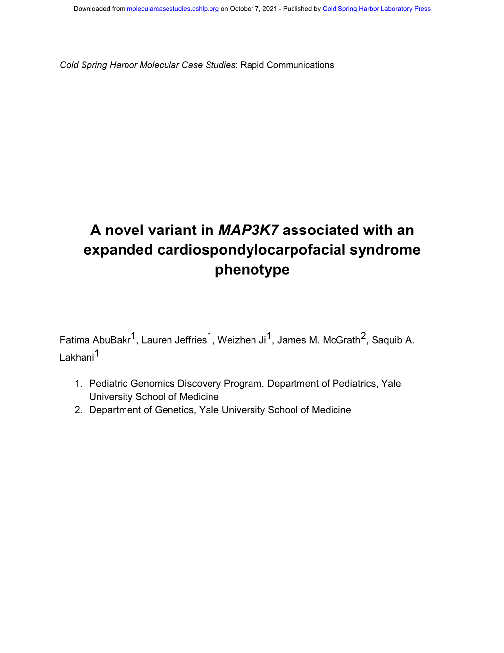 A Novel Variant in MAP3K7 Associated with an Expanded Cardiospondylocarpofacial Syndrome Phenotype