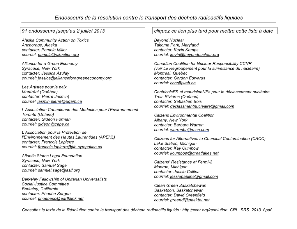 Endosseurs De La Résolution Contre Le Transport Des Déchets Radioactifs Liquides