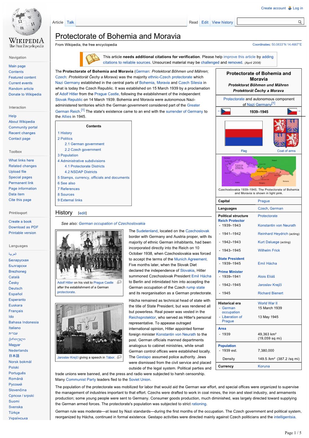 Protectorate of Bohemia and Moravia from Wikipedia, the Free Encyclopedia Coordinates: 50.0833°N 14.4667°E