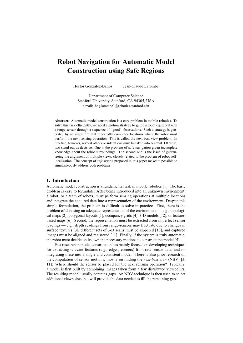 Robot Navigation for Automatic Model Construction Using Safe Regions
