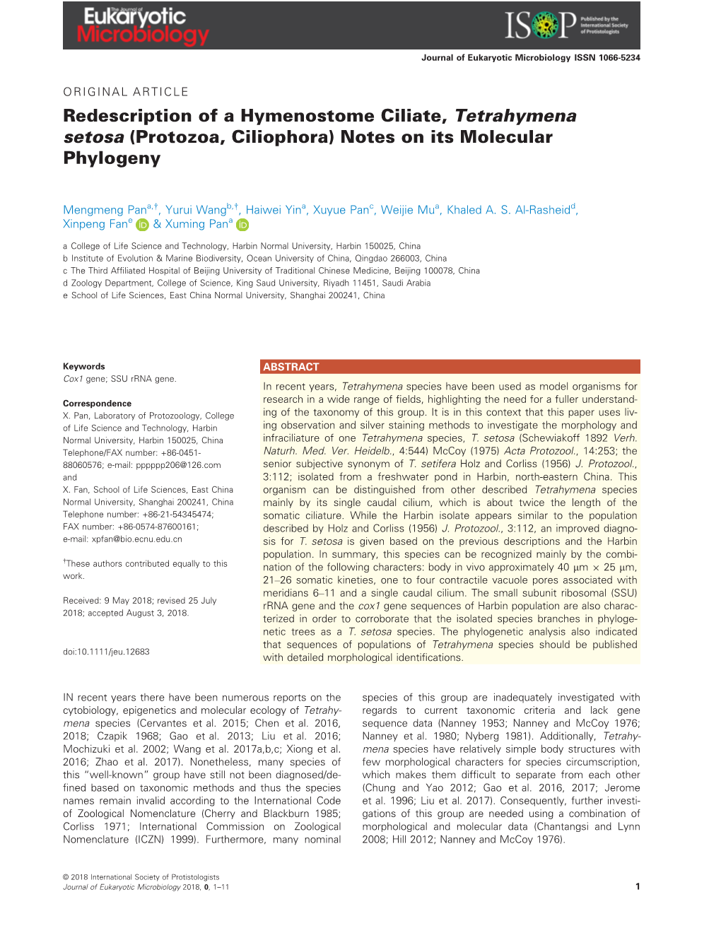 Redescription of a Hymenostome Ciliate, Tetrahymena Setosa (Protozoa, Ciliophora) Notes on Its Molecular Phylogeny