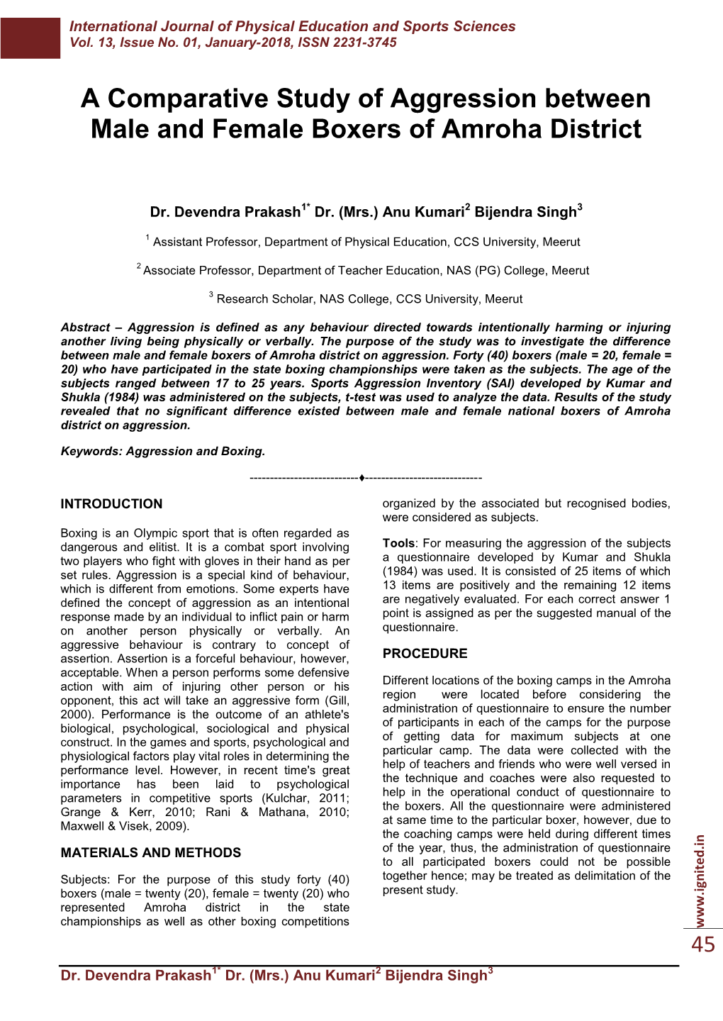 A Comparative Study of Aggression Between Male and Female Boxers of Amroha District