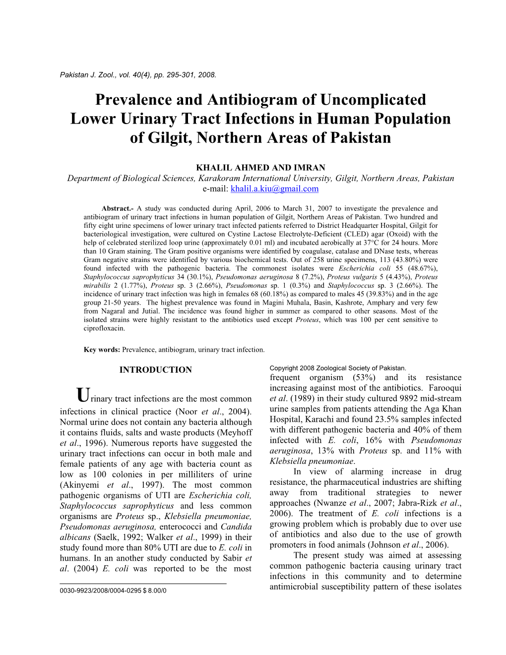 Prevalence and Antibiogram of Uncomplicated Lower Urinary Tract Infections in Human Population of Gilgit, Northern Areas of Pakistan