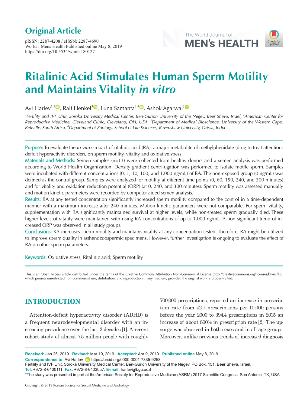 Ritalinic Acid Stimulates Human Sperm Motility and Maintains Vitality in Vitro