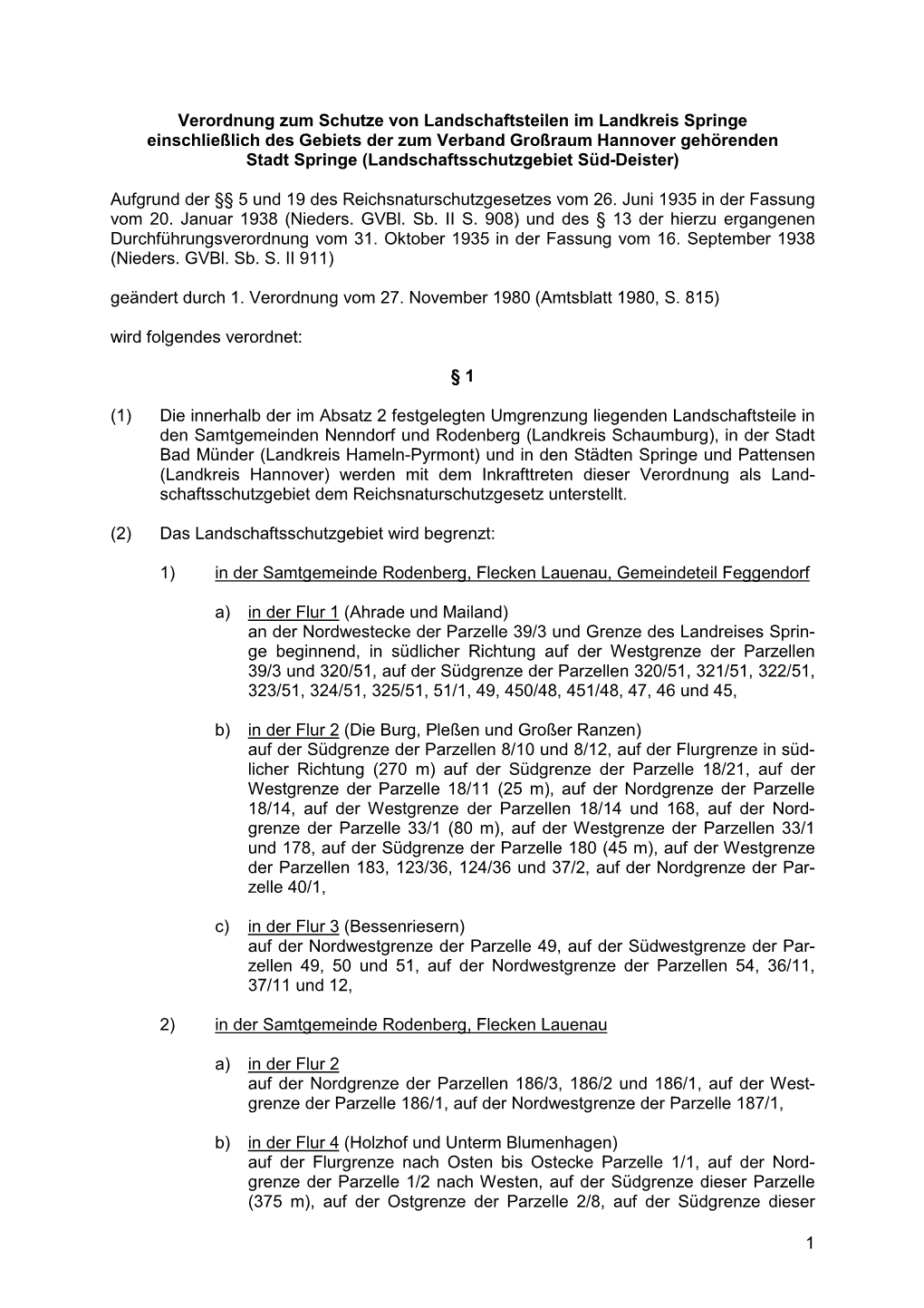 Verordnung Zum Schutze Von Landschaftsteilen Im Landkreis Springe