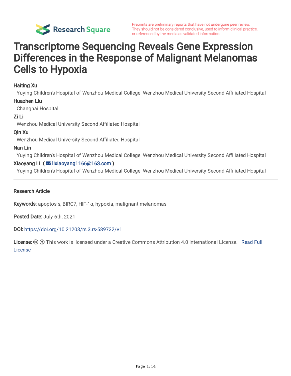 Transcriptome Sequencing Reveals Gene Expression Differences in the Response of Malignant Melanomas Cells to Hypoxia