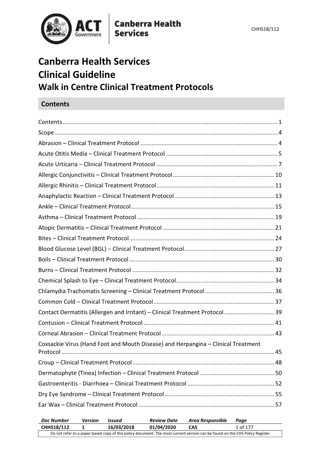 Canberra Health Services Clinical Guideline Walk in Centre Clinical Treatment Protocols