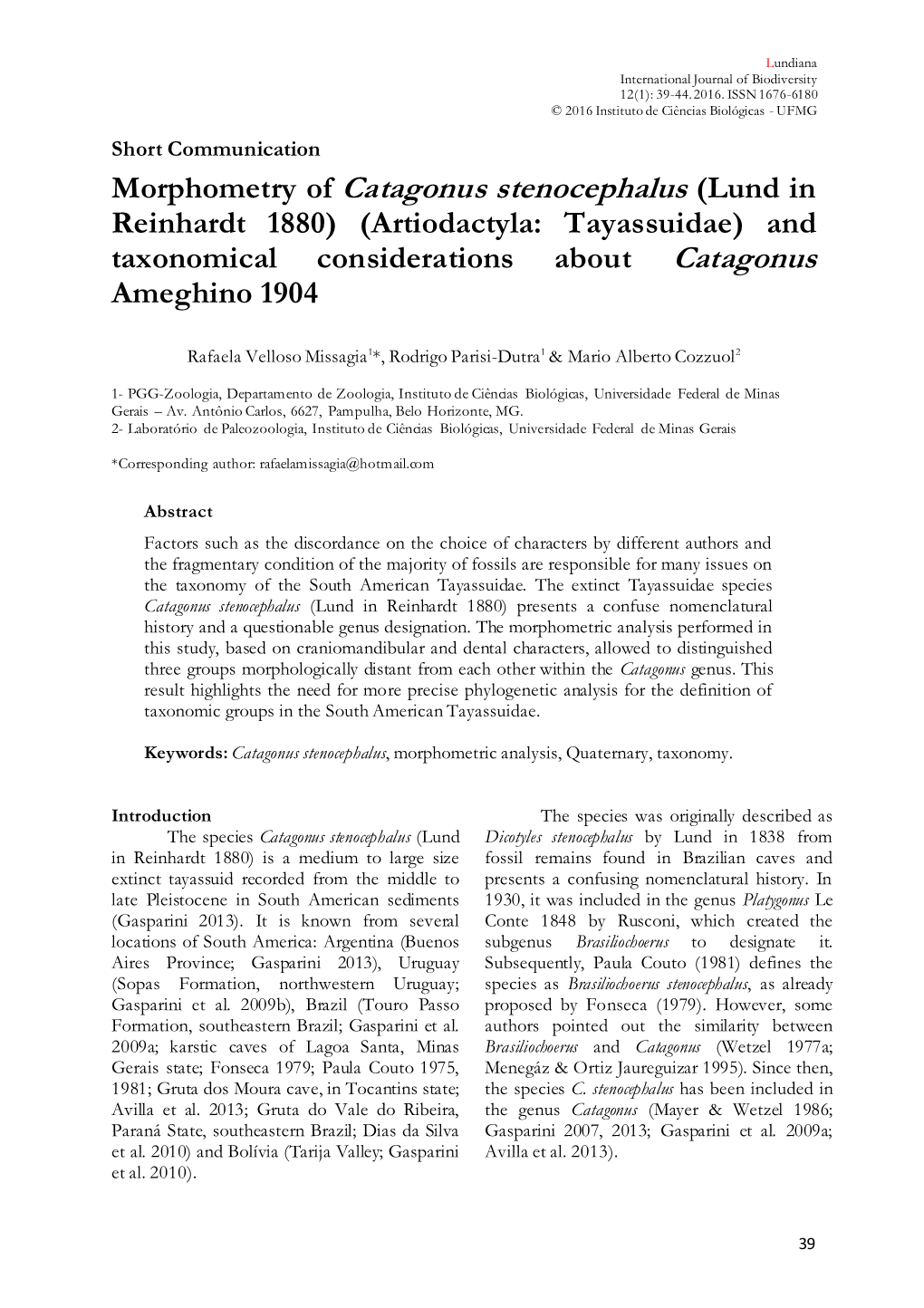 Morphometry of Catagonus Stenocephalus (Lund in Reinhardt 1880) (Artiodactyla: Tayassuidae) and Taxonomical Considerations About Catagonus Ameghino 1904