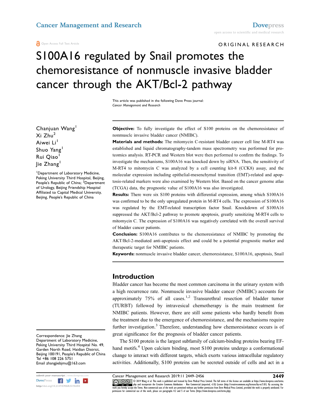 S100A16 Regulated by Snail Promotes the Chemoresistance of Nonmuscle Invasive Bladder Cancer Through the AKT/Bcl-2 Pathway