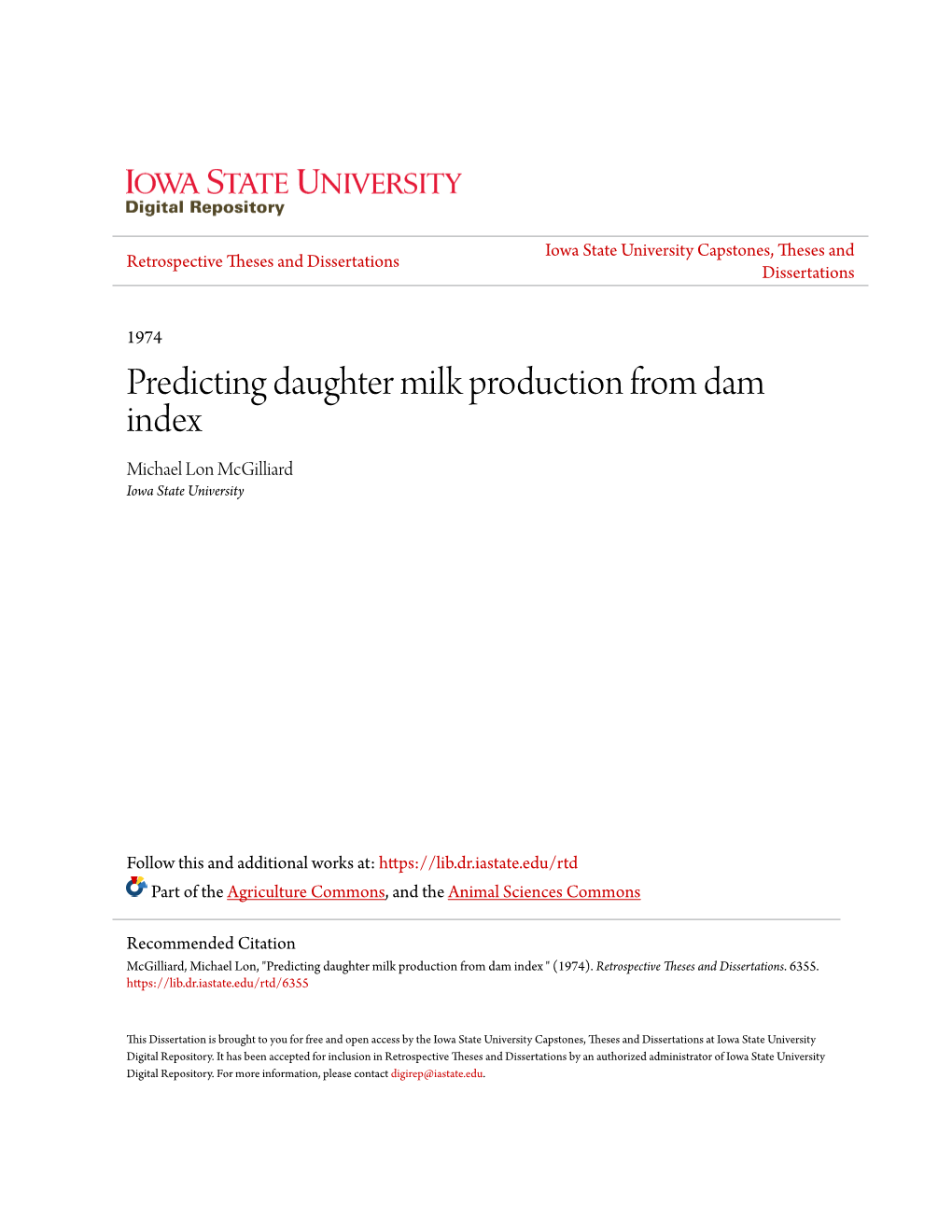 Predicting Daughter Milk Production from Dam Index Michael Lon Mcgilliard Iowa State University