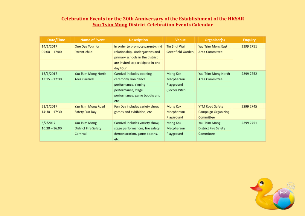 Yau Tsim Mong District Celebration Events Calendar