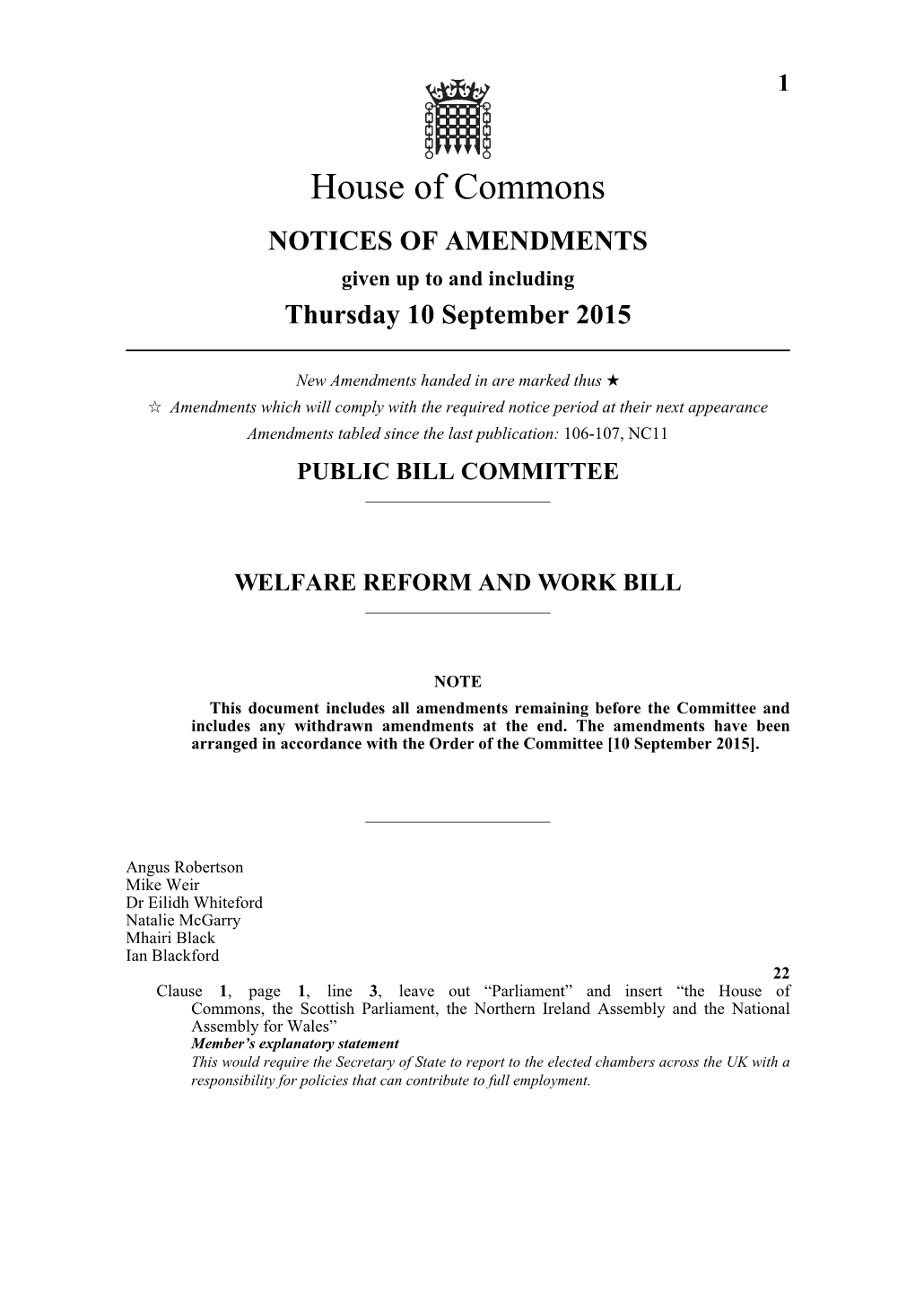 House of Commons NOTICES of AMENDMENTS Given up to and Including Thursday 10 September 2015