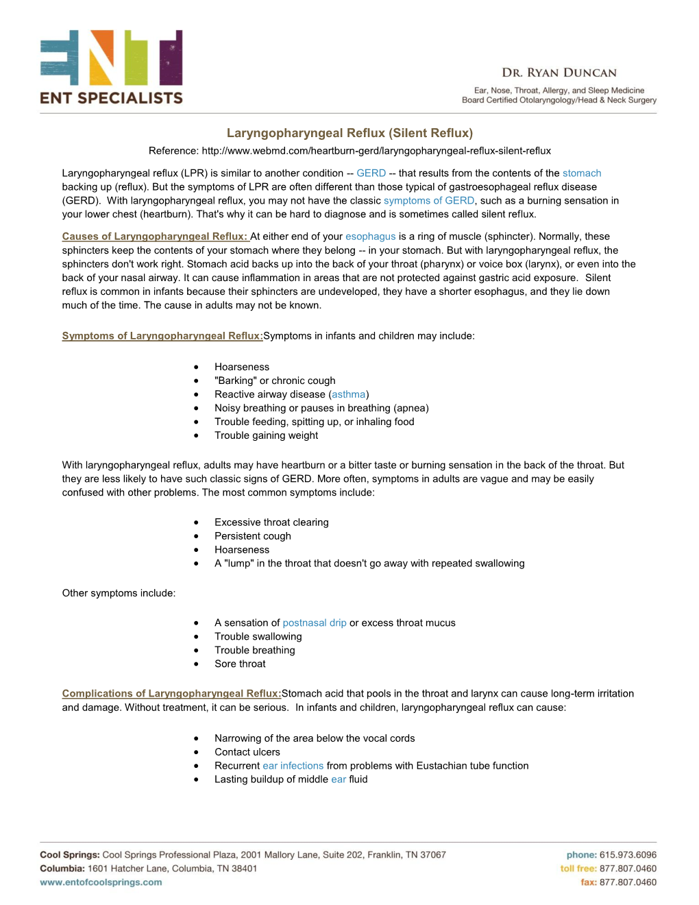 Laryngopharyngeal Reflux (Silent Reflux) Reference