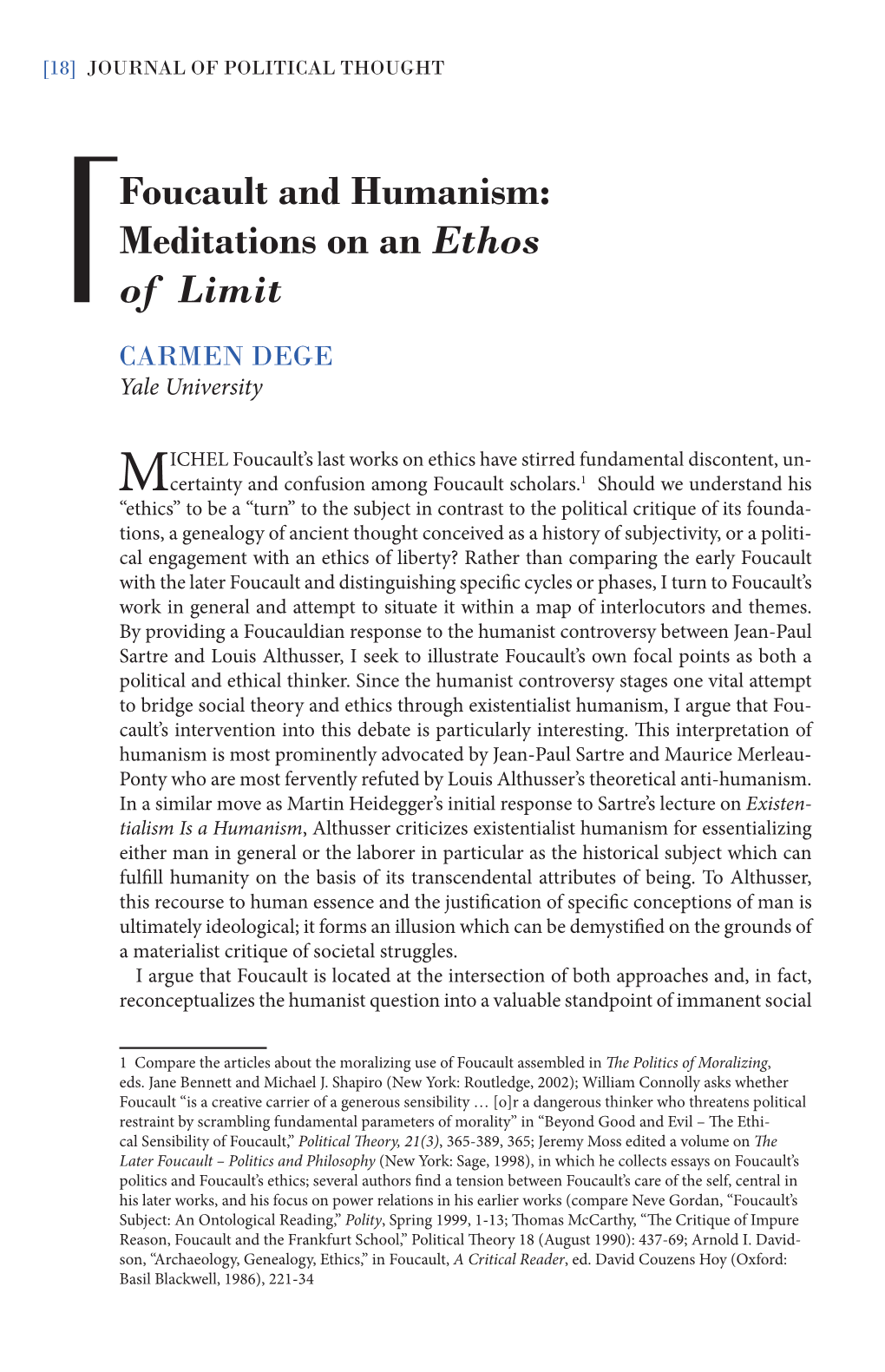 Foucault and Humanism: Meditations on an Ethos of Limit