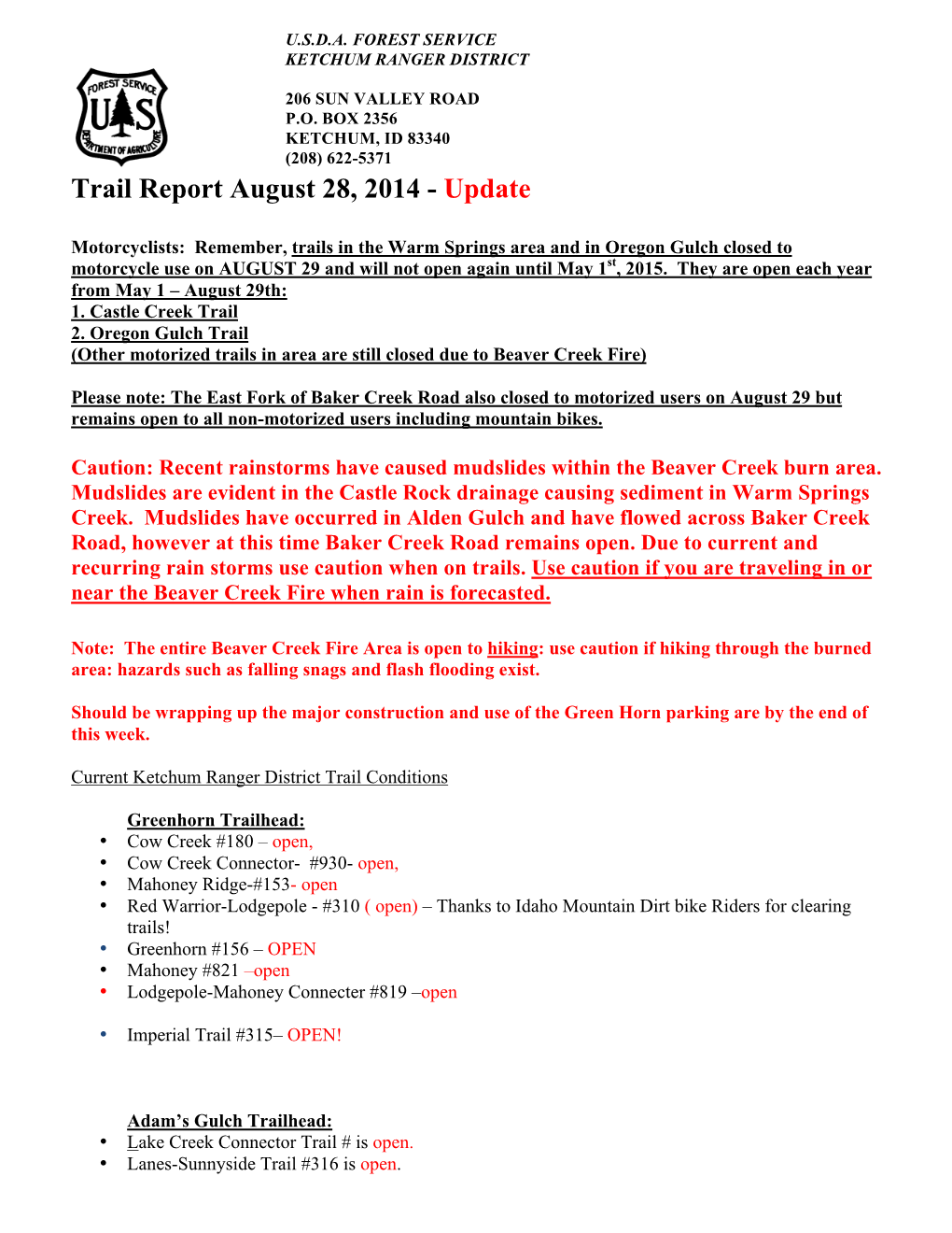 Trail Report August 28, 2014 - Update