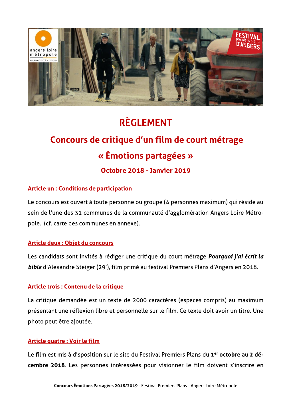 RÈGLEMENT Concours De Critique D’Un Film De Court Métrage « Émotions Partagées » Octobre 2018 - Janvier 2019