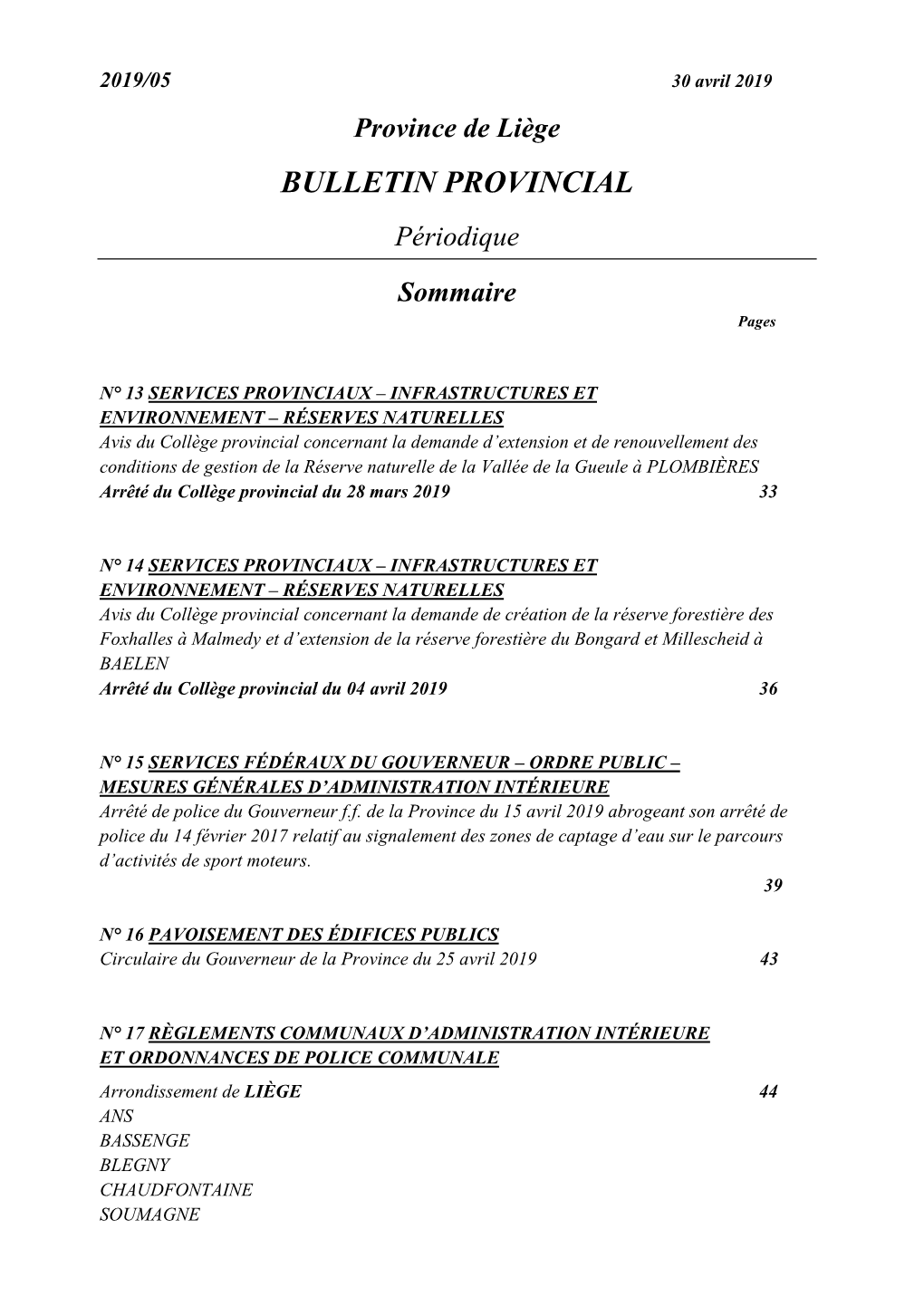 BULLETIN PROVINCIAL Périodique Sommaire Pages