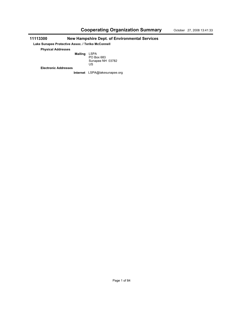 Cooperating Organization Summary October 27, 2008 13:41:33