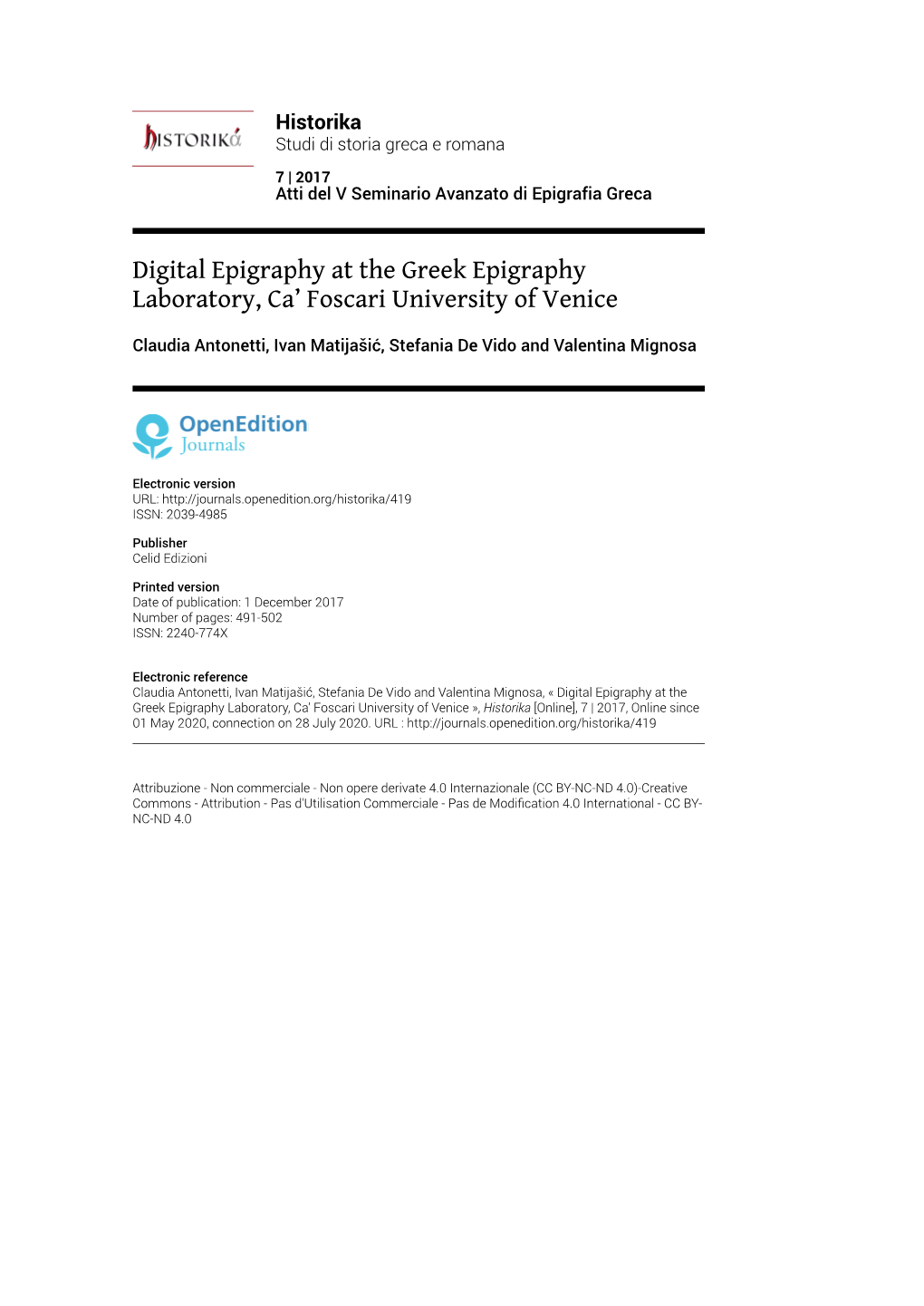 Digital Epigraphy at the Greek Epigraphy Laboratory, Ca' Foscari