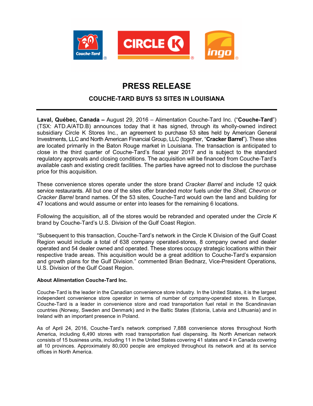 Press Release Couche-Tard Buys 53 Sites in Louisiana