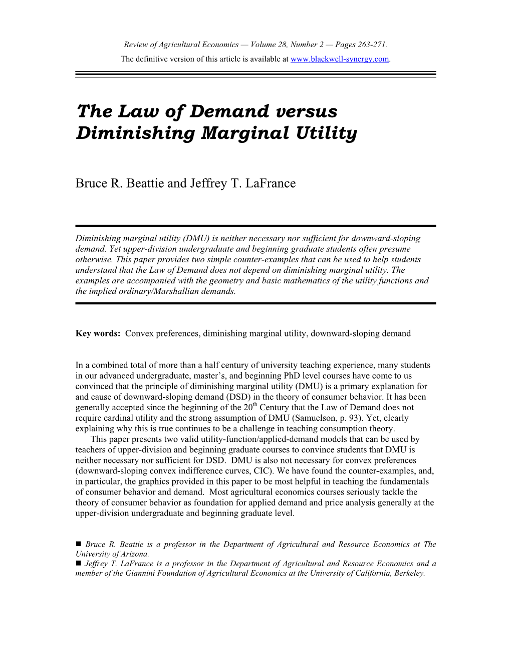 The Law of Demand Versus Diminishing Marginal Utility