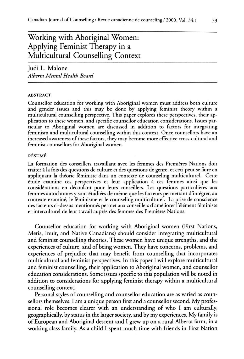Applying Feminist Therapy in a Multicultural Counselling Context Judi L