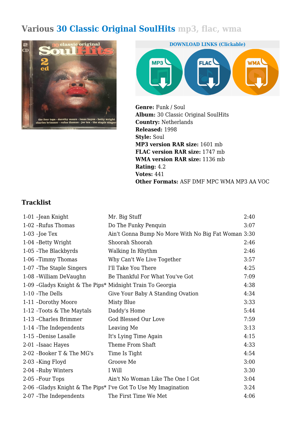 Various 30 Classic Original Soulhits Mp3, Flac, Wma