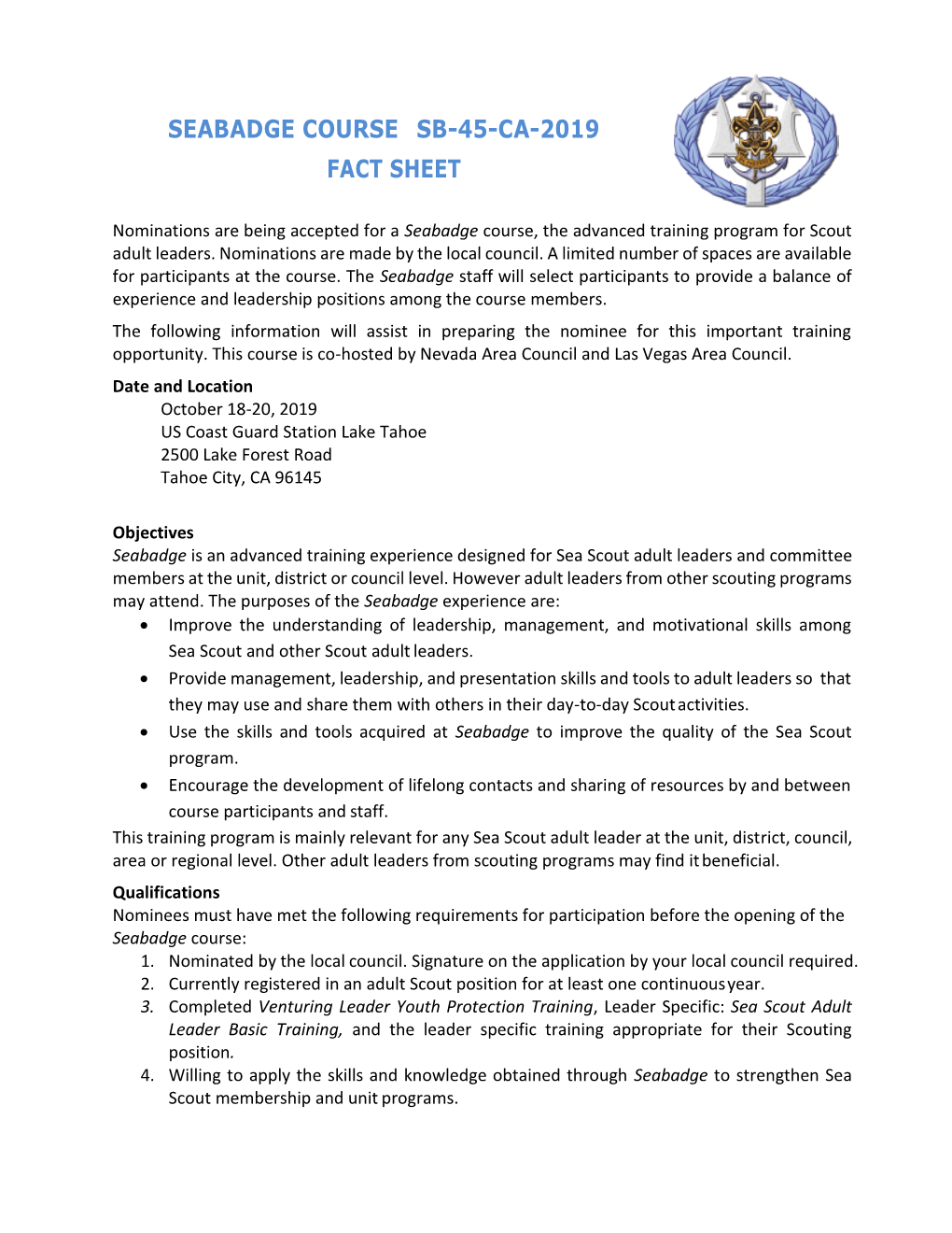 Seabadge Course Sb-45-Ca-2019 Fact Sheet